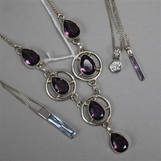 An Edwardian style amethyst and 925 silver necklace and three similar stone-set necklaces
